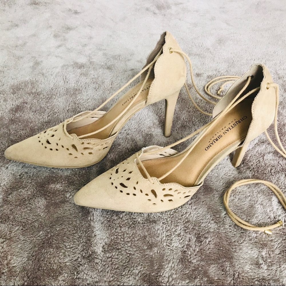 Suede pointed heels with wraps.